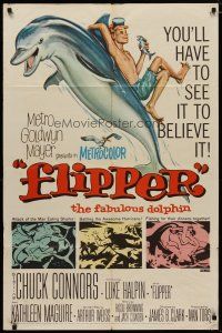 4m328 FLIPPER 1sh '63 Chuck Connors, Luke Halpin, cool art of boy & dolphin by Reynold Brown!