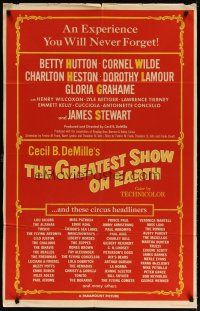 4m385 GREATEST SHOW ON EARTH 1sh '52 James Stewart, Betty Hutton, list of circus headliners!