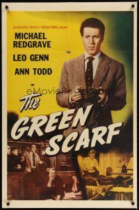 4m387 GREEN SCARF 1sh '54 Michael Redgrave defends a blind/deaf/mute man accused of murder!