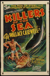 4m482 KILLERS OF THE SEA 1sh '37 cool underwater art of skin diver w/ terrified turtle & shark!