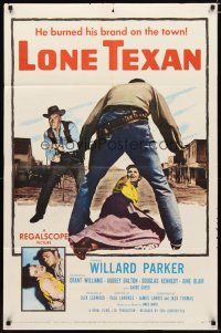 4m525 LONE TEXAN 1sh '59 Texas cowboy Willard Parker saves Audrey Dalton from bad guy!