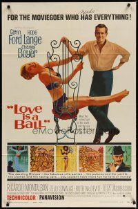 4m535 LOVE IS A BALL style B 1sh '63 full-length art of Glenn Ford & Hope Lange in sexy bikini!