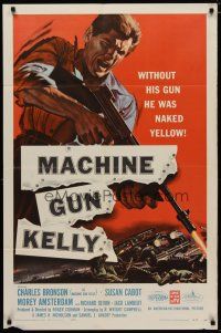 4m546 MACHINE GUN KELLY 1sh '58 cool art of Charles Bronson, Roger Corman, AIP