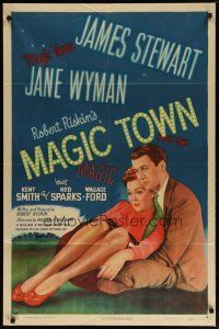 4m556 MAGIC TOWN style A 1sh '47 romantic close up of pollster James Stewart & pretty Jane Wyman!