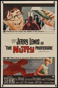 4m648 NUTTY PROFESSOR 1sh '63 wacky Jerry Lewis directs & stars w/pretty Stella Stevens!