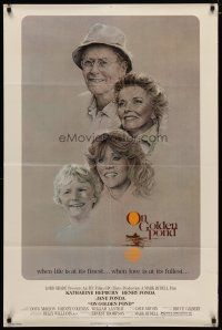 4m662 ON GOLDEN POND 1sh '81 art of Hepburn, Henry Fonda, and Jane Fonda by C.D. de Mar!