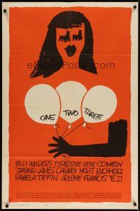 4m670 ONE, TWO, THREE 1sh '62 Billy Wilder, James Cagney, Saul Bass art of girl w/balloons!
