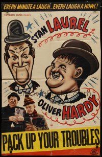 4m681 PACK UP YOUR TROUBLES 1sh R40s wacky different artwork of Laurel & Hardy!