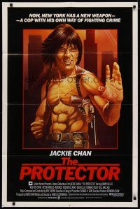 4m725 PROTECTOR int'l 1sh '85 Danny Aiello, Chris Achilleos art of Jackie Chan w/huge gun!