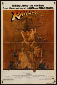 4m736 RAIDERS OF THE LOST ARK 1sh '81 great artwork of Harrison Ford by Richard Amsel!