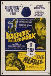 4m741 RASPUTIN THE MAD MONK/REPTILE 1sh '66 wacky Hammer double-feature, free Rasputin beards!