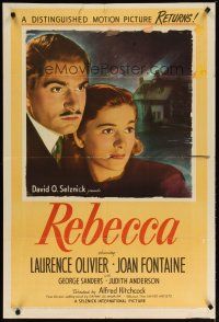4m747 REBECCA 1sh R46 Alfred Hitchcock, art of Laurence Olivier & Joan Fontaine!