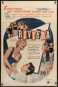 4m764 RIVIERA 1sh '54 sexy laughing Martine Carol in swimsuit lifted by Raf Vallone!
