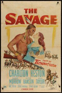 4m781 SAVAGE 1sh '52 art of Native American Charlton Heston holding pretty Susan Morrow!