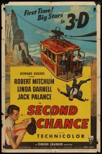 4m792 SECOND CHANCE 1sh '53 cool 3-D art of Robert Mitchum, sexy Linda Darnell & cable car!