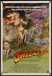 4m805 SHEENA int'l 1sh '84 artwork of sexy Tanya Roberts with bow & arrows riding zebra in Africa!