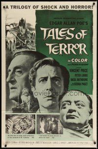 4m886 TALES OF TERROR 1sh '62 great close images of Peter Lorre, Vincent Price & Basil Rathbone!