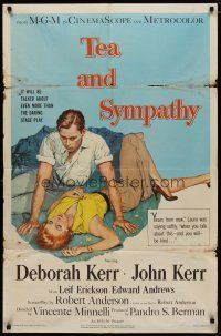4m889 TEA & SYMPATHY 1sh '56 great artwork of Deborah Kerr & John Kerr by Gale, classic tagline!