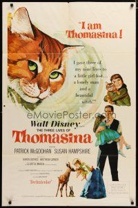 4m896 THREE LIVES OF THOMASINA 1sh '64 Walt Disney, great art of winking & smiling cat!
