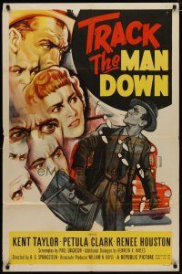 4m918 TRACK THE MAN DOWN 1sh '55 cool art of detective Kent Taylor tracing footsteps, Petula Clark