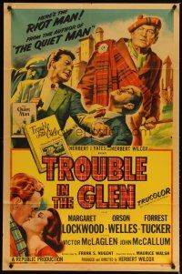 4m922 TROUBLE IN THE GLEN 1sh '54 art of Orson Welles & Margaret Lockwood in Scotland!