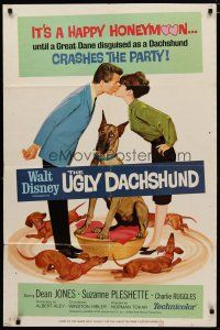 4m930 UGLY DACHSHUND 1sh '66 Walt Disney, great art of Great Dane with wiener dogs!