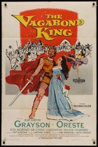 4m939 VAGABOND KING 1sh '56 cool art of pretty Kathryn Grayson & Oreste with sword!