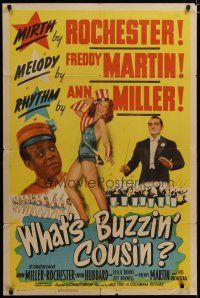 4m966 WHAT'S BUZZIN' COUSIN 1sh '43 sexy patriotic Ann Miller, Rochester & Freddy Martin!