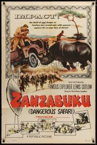 4m995 ZANZABUKU 1sh '56 Dangerous Safari in savage Africa, art of rhino ramming jeep!