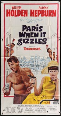 4p337 PARIS WHEN IT SIZZLES 3sh '64 Audrey Hepburn with gun & barechested William Holden in France!