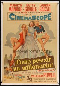 4p015 HOW TO MARRY A MILLIONAIRE linen Argentinean '53 art of sexy Marilyn Monroe, Grable & Bacall!