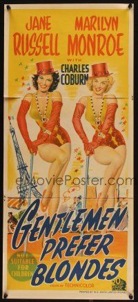 4p037 GENTLEMEN PREFER BLONDES Aust daybill '53 hand litho of sexy Marilyn Monroe & Jane Russell!