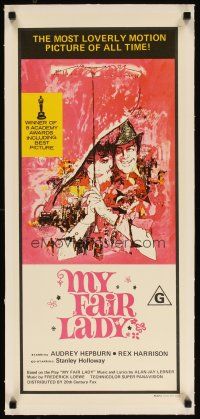 4p311 MY FAIR LADY linen Aust daybill R70s classic art of Audrey Hepburn & Rex Harrison by Bob Peak!