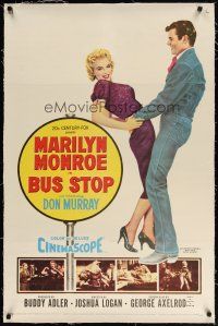 4p006 BUS STOP linen 1sh '56 great art of cowboy Don Murray holding sexy Marilyn Monroe!