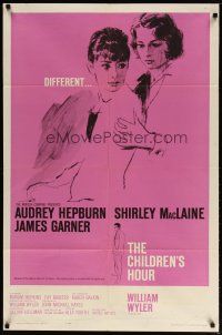4p340 CHILDREN'S HOUR 1sh '62 close up artwork of Audrey Hepburn & Shirley MacLaine!