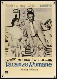 4p321 ROMAN HOLIDAY linen Italian commercial poster'80s Hepburn & Peck about to kiss riding on Vespa