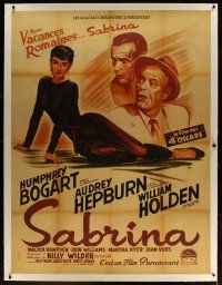 4p313 SABRINA linen 47x62 French commercial '80s Soubie art of Audrey Hepburn, Bogart & Holden!