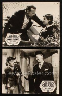 4p565 LOVE IN THE AFTERNOON set of 2 horizontal German LCs '57 Cooper, Audrey Hepburn, Chevalier