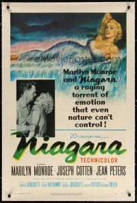 4p003 NIAGARA linen 1sh '53 classic artwork of gigantic sexy Marilyn Monroe on famous waterfall!