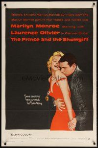 4p028 PRINCE & THE SHOWGIRL 1sh '57 Laurence Olivier nuzzles sexy Marilyn Monroe's shoulder!