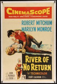 4p004 RIVER OF NO RETURN linen 1sh '54 great art of Robert Mitchum holding down Marilyn Monroe!