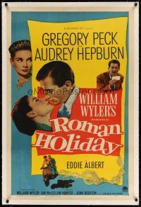 4p301 ROMAN HOLIDAY linen 1sh '53 Audrey Hepburn & Gregory Peck about to kiss and riding on Vespa!