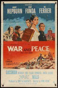 4p349 WAR & PEACE 1sh '56 art of Audrey Hepburn, Henry Fonda & Mel Ferrer, Leo Tolstoy epic!