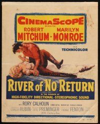 4p103 RIVER OF NO RETURN WC '54 great artwork of Robert Mitchum holding down sexy Marilyn Monroe!