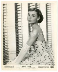 4p471 FUNNY FACE 8x10 still '57 sexy Audrey Hepburn seated in great dress!