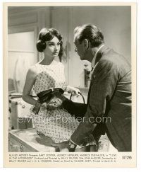 4p482 LOVE IN THE AFTERNOON 8.25x10 still '57 Gary Cooper talks to Audrey Hepburn sitting on trunk!