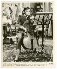 4p481 LOVE IN THE AFTERNOON 8.25x10 still '57 close up of sexy Audrey Hepburn playing cello!