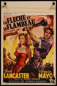 4r266 FLAME & THE ARROW Belgian '50 great art of Burt Lancaster protecting sexy Virginia Mayo!