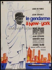 4r582 GENDARME IN NEW YORK French 23x32 R74 wacky art of Louis de Funes as Statue of Liberty!