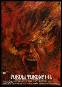4r015 TOWERING INFERNO Hungarian 22x32 '78 art of flaming man by Zoltan!